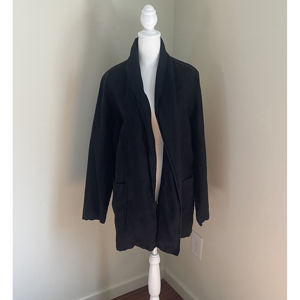 Eileen Fisher Linen Jacket Womens 1X Black Open Front Pockets Shawl Collar